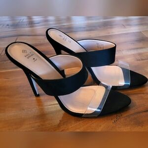 Call It Spring Black and Clear Strappy High Heel Mules
